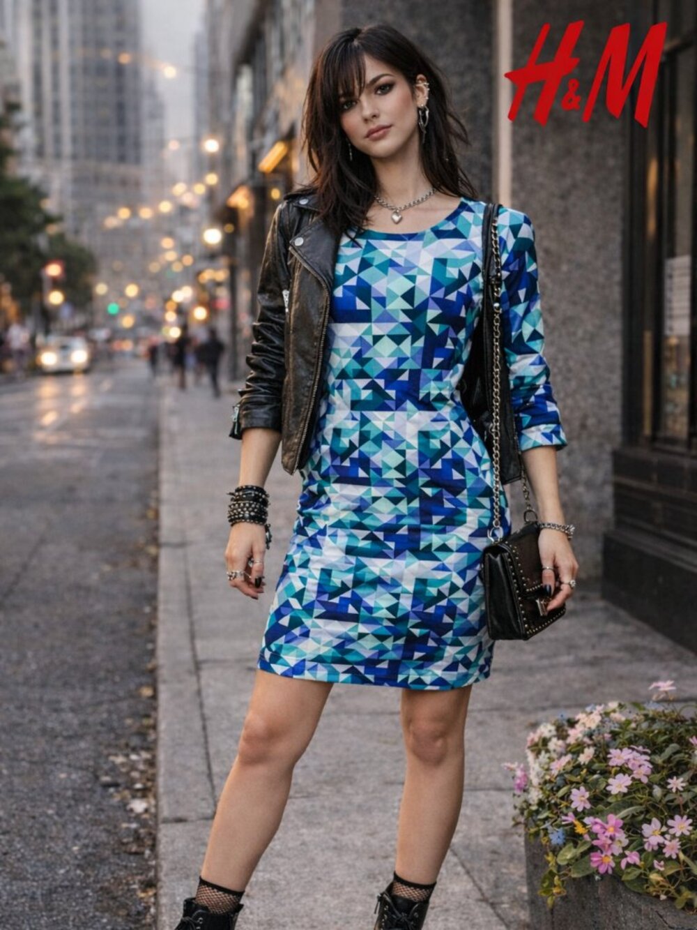 H&M Geometric Print Sheath Dress | Blue Green Abstract | Size 4